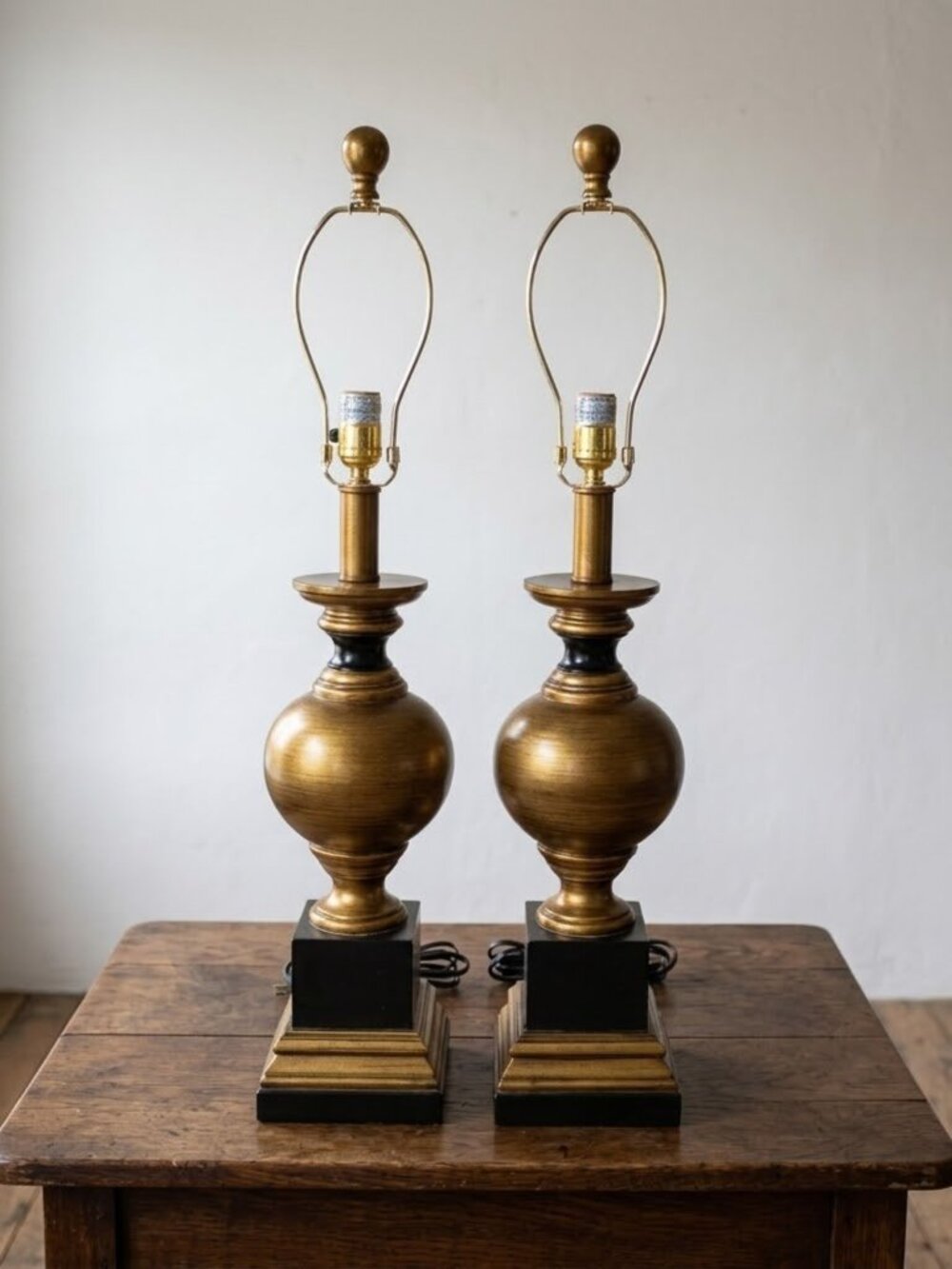 Vintage Black and Gold Table Lamps Pair Hollywood Regency Style Mid Century Pair